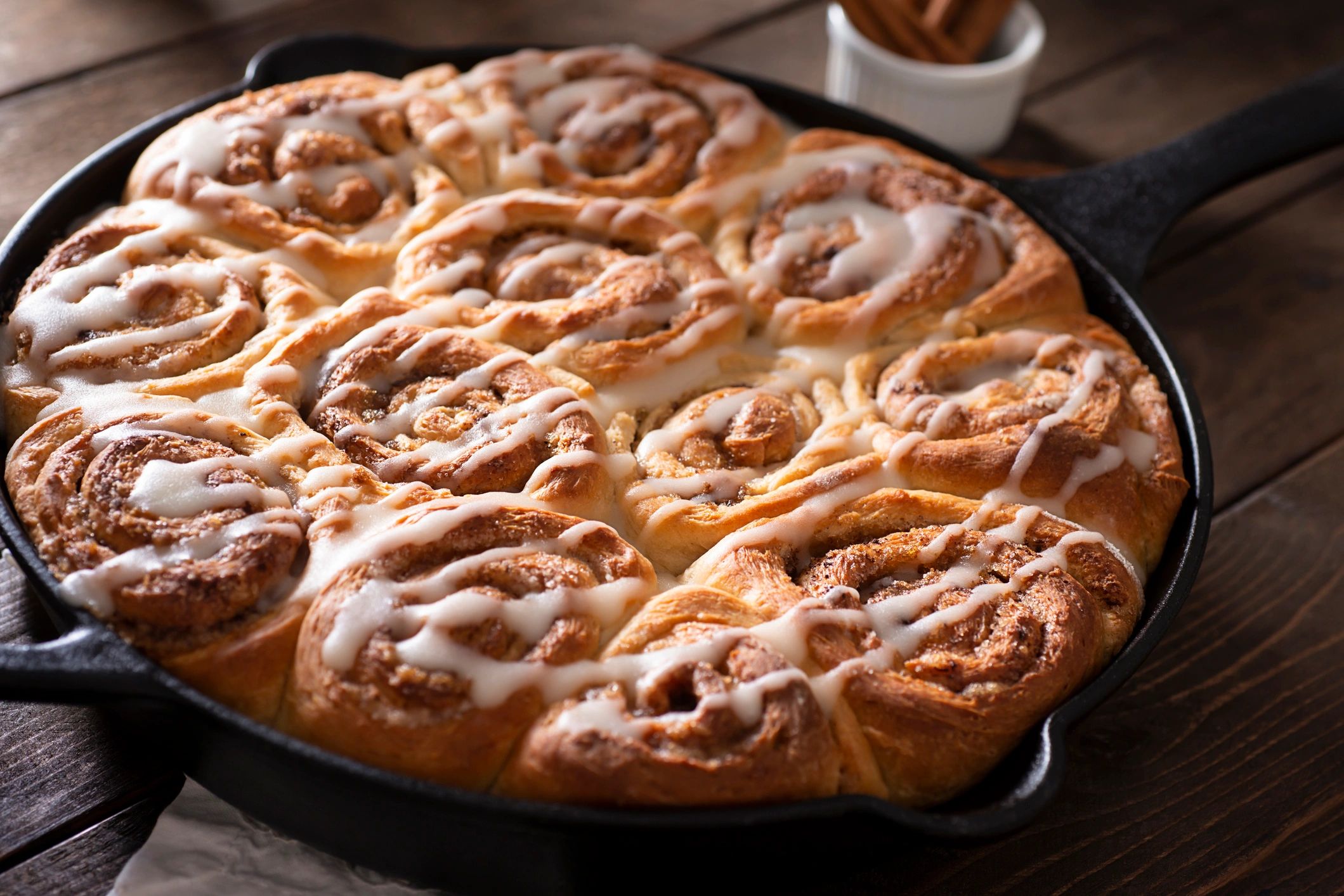 Fresh cinnamon rolls in a skillet